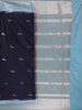 Navy Blue Birds Woven Raw Silk Saree with Contrast Sky Blue Zari Border