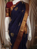 Navy Blue Butta Zari Woven Design Pure Kanchipuram Silk Saree with Contrast Border