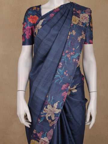 Navy Blue Checked Design Tussar Silk Saree - Diadem