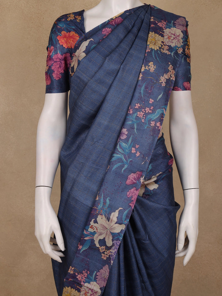 Navy Blue Checked Design Tussar Silk Saree - Diadem