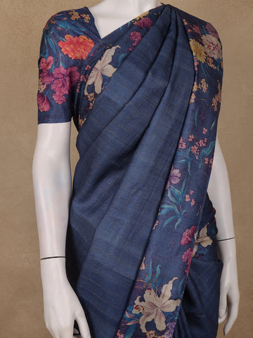 Navy Blue Checked Design Tussar Silk Saree - Diadem