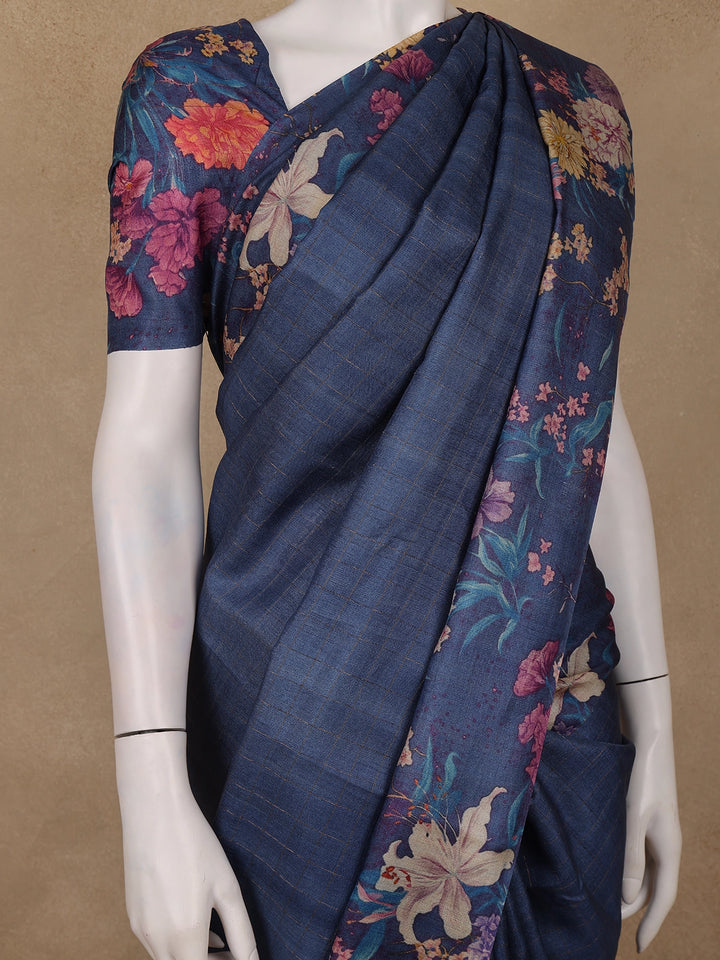 Navy Blue Checked Design Tussar Silk Saree - Diadem