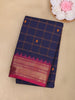 Navy Blue Checked Woven Design Cotton Saree with Pink Zari Border