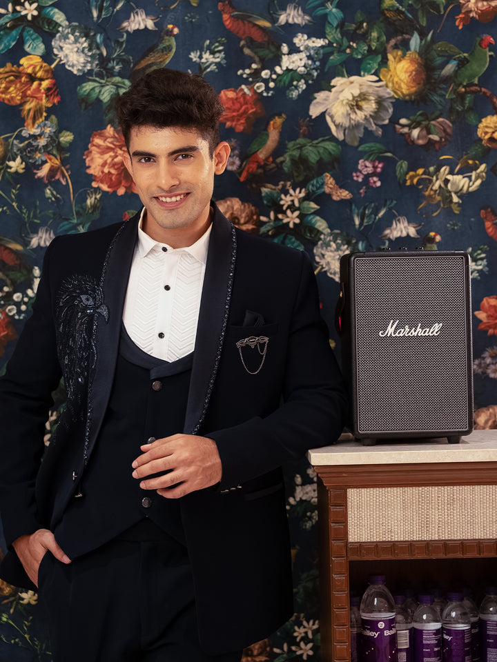 Navy Blue Embellished Viscose Men's Suit - Diadem