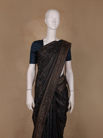 Navy Blue Floral Brocade Design Banarasi Silk Saree - Diadem