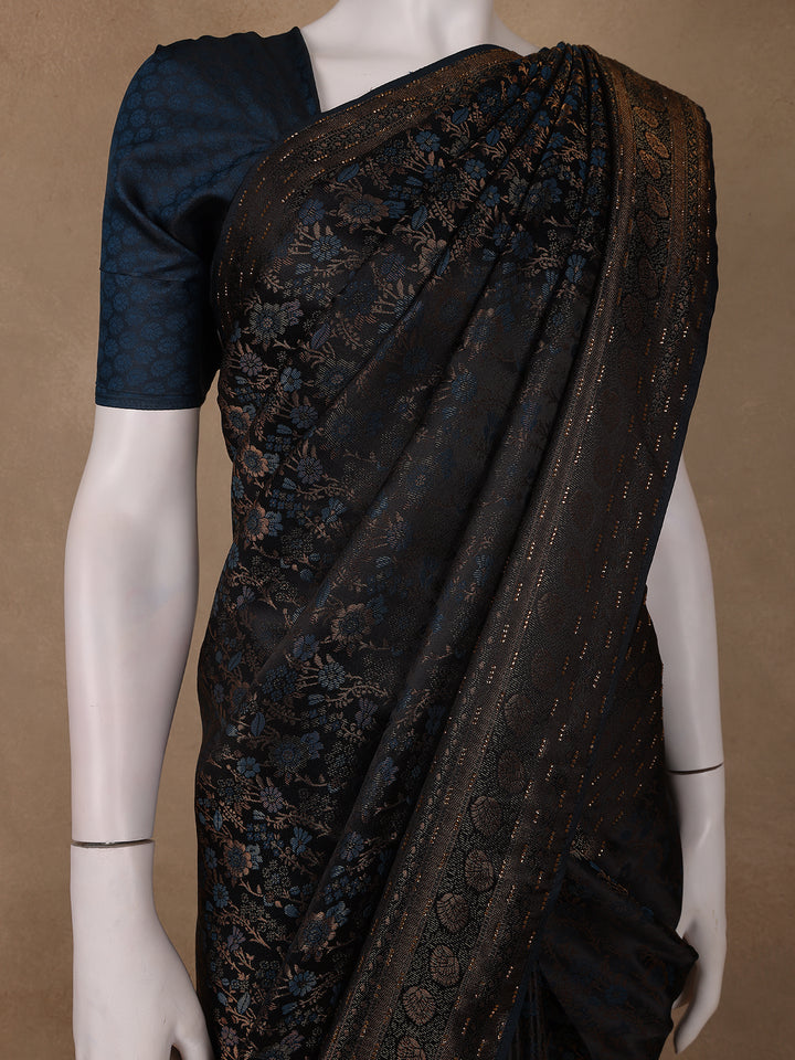 Navy Blue Floral Brocade Design Banarasi Silk Saree - Diadem