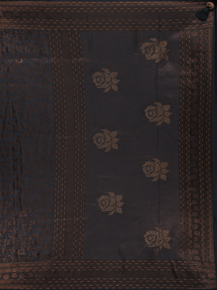 Navy Blue Floral Brocade Design Banarasi Silk Saree - Diadem