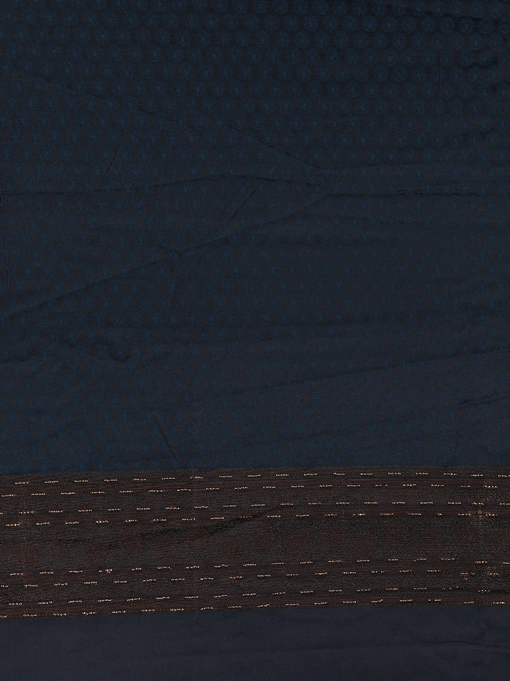 Navy Blue Floral Brocade Design Banarasi Silk Saree - Diadem
