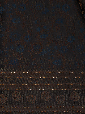 Navy Blue Floral Brocade Design Banarasi Silk Saree - Diadem