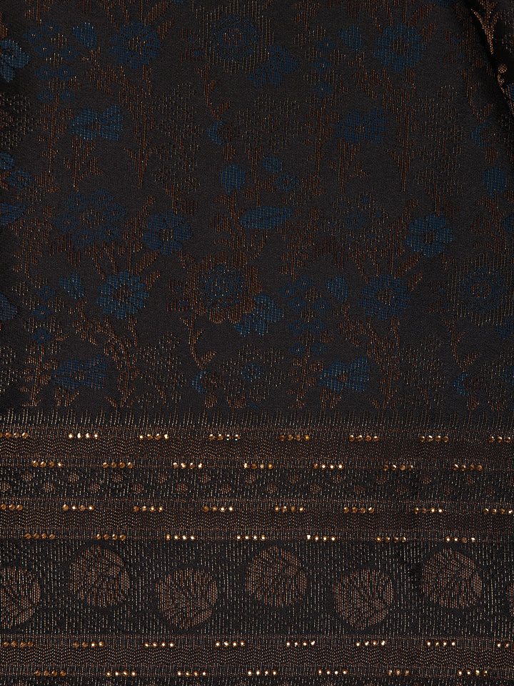 Navy Blue Floral Brocade Design Banarasi Silk Saree - Diadem