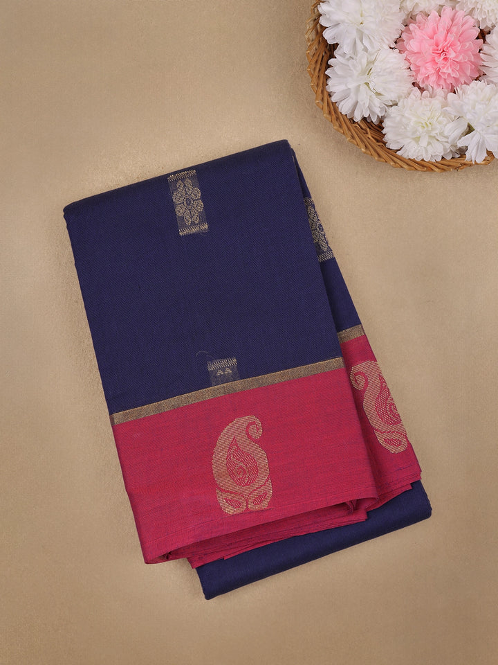 Navy Blue Floral Butta Design Cotton Saree with Red Paisley Zari Border - Diadem