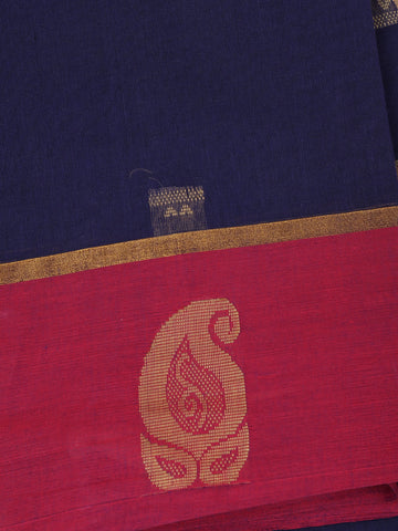 Navy Blue Floral Butta Design Cotton Saree with Red Paisley Zari Border - Diadem