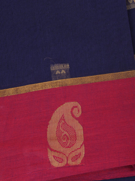 Navy Blue Floral Butta Design Cotton Saree with Red Paisley Zari Border - Diadem