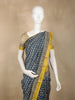 Navy Blue Floral Butta Printed Cotton Saree with Mustard Yellow Border