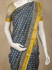 Navy Blue Floral Butta Printed Cotton Saree with Mustard Yellow Border