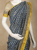 Navy Blue Floral Butta Printed Cotton Saree with Mustard Yellow Border