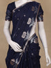 Navy Blue Floral Design Kota Cotton Saree With Silver Border