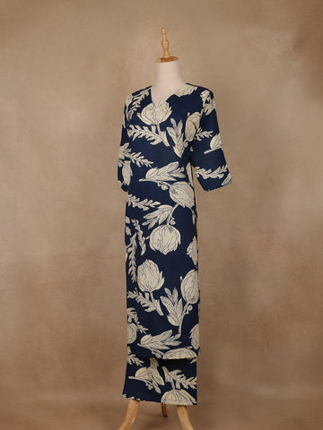 Navy Blue Floral Design Printed Satin Salwar Suit - Diadem