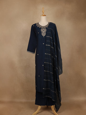 Navy Blue Floral Embroidered Cotton Salwar Suit with Dupatta - Diadem