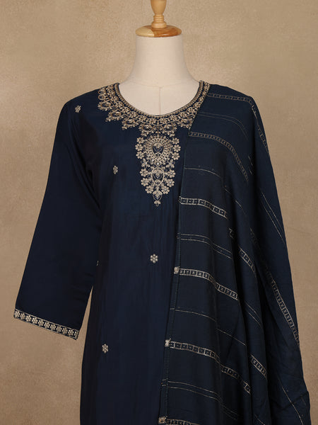 Navy Blue Floral Embroidered Cotton Salwar Suit with Dupatta - Diadem