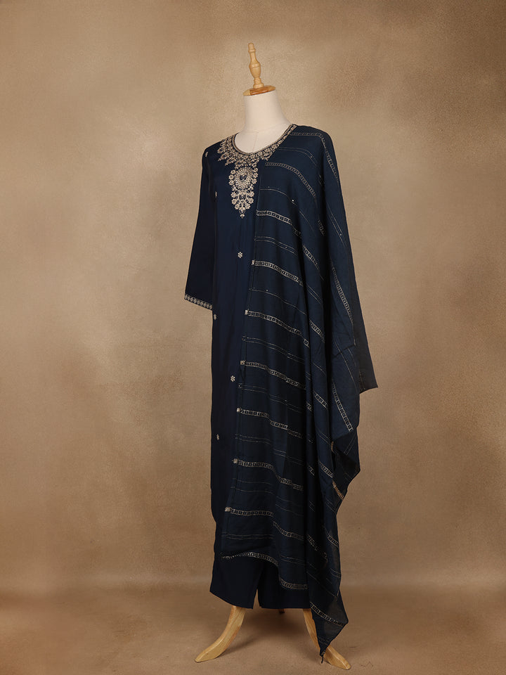 Navy Blue Floral Embroidered Cotton Salwar Suit with Dupatta - Diadem