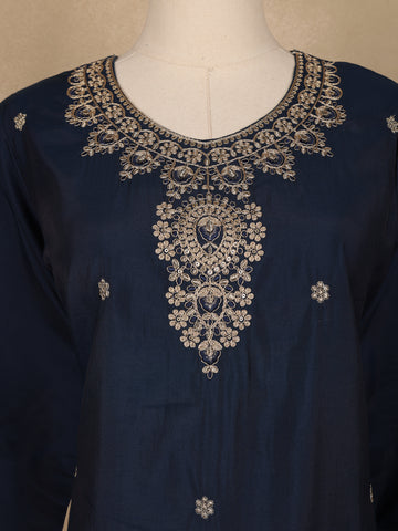 Navy Blue Floral Embroidered Cotton Salwar Suit with Dupatta - Diadem