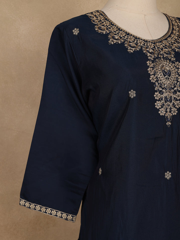 Navy Blue Floral Embroidered Cotton Salwar Suit with Dupatta - Diadem