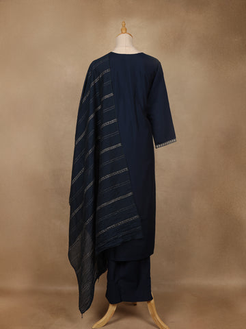 Navy Blue Floral Embroidered Cotton Salwar Suit with Dupatta - Diadem