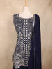 Navy Blue Floral Embroidered Georgette Peplum Palazzo Suit with Dupatta
