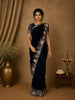 Navy Blue Floral Embroidered Velvet Designer Saree