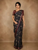 Navy Blue Floral Printed Chanderi Cotton Saree with Maroon Zari Border