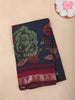 Navy Blue Floral Printed Chanderi Cotton Saree with Maroon Zari Border