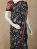 Navy Blue Floral Printed Chanderi Cotton Saree with Maroon Zari Border