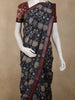 Navy Blue Floral Printed Chanderi Cotton Saree with Maroon Zari Border