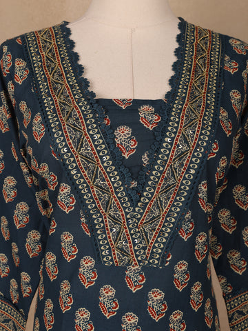 Navy Blue Floral Printed Cotton Salwar Suit - Diadem