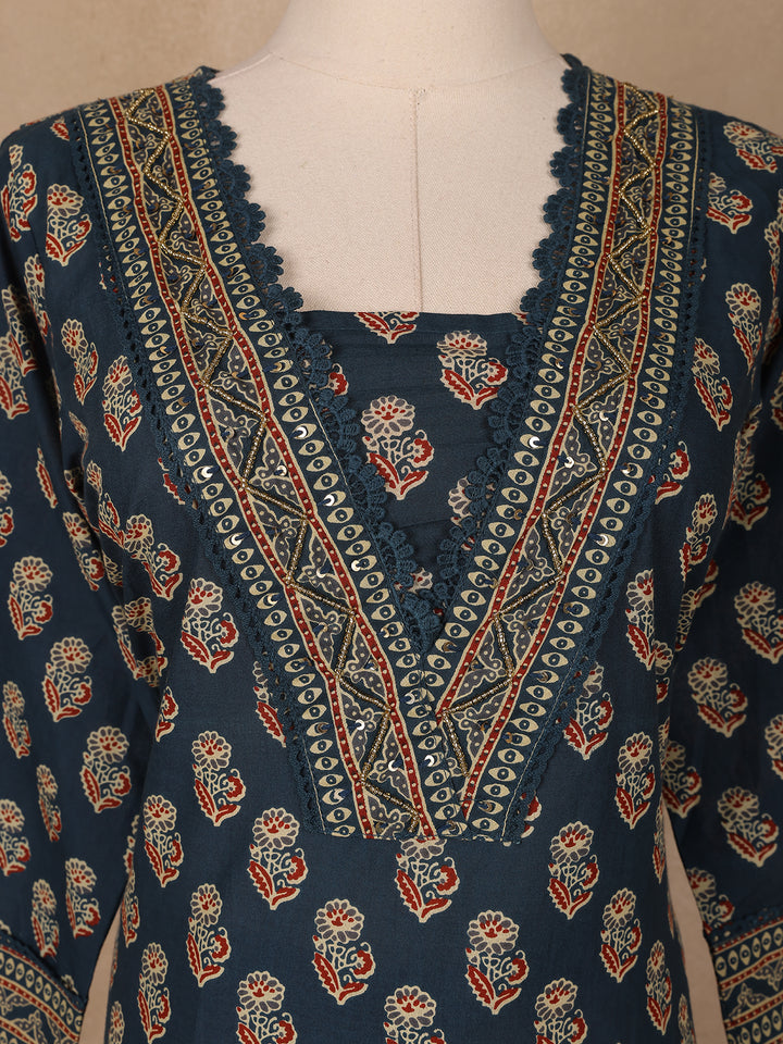Navy Blue Floral Printed Cotton Salwar Suit - Diadem