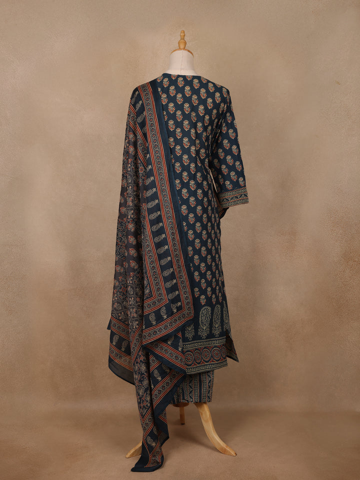 Navy Blue Floral Printed Cotton Salwar Suit - Diadem