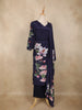 Navy Blue Floral Printed Crepe Silk Salwar Suit with Dupatta