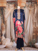 Navy Blue Floral Printed Design Crepe Kaftan Set with Bead Embellished Neckline