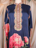 Navy Blue Floral Printed Design Crepe Kaftan Set with Bead Embellished Neckline