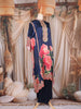 Navy Blue Floral Printed Design Crepe Kaftan Set with Bead Embellished Neckline