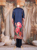 Navy Blue Floral Printed Design Crepe Kaftan Set with Bead Embellished Neckline
