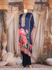 Navy Blue Floral Printed Design Crepe Kaftan Set with Bead Embellished Neckline