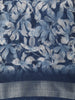 Navy Blue Floral Printed Design Linen Cotton Casual Wear Saree with Zari Border