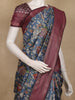 Navy Blue Floral Printed Design Semi Tussar Saree with Maroon Border