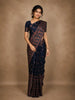Navy Blue Floral Printed Design Tussar Saree with Contrast Border
