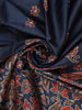 Navy Blue Floral Printed Design Tussar Saree with Contrast Border