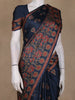 Navy Blue Floral Printed Design Tussar Saree with Contrast Border