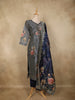 Navy Blue Floral Printed Design Tussar Silk Straight Cut Salwar Suit with Dupatta