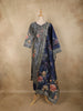 Navy Blue Floral Printed Design Tussar Silk Straight Cut Salwar Suit with Dupatta